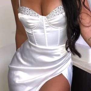 Fashion Nova "Dream Girl Satin Midi Dress - White" (NEW)